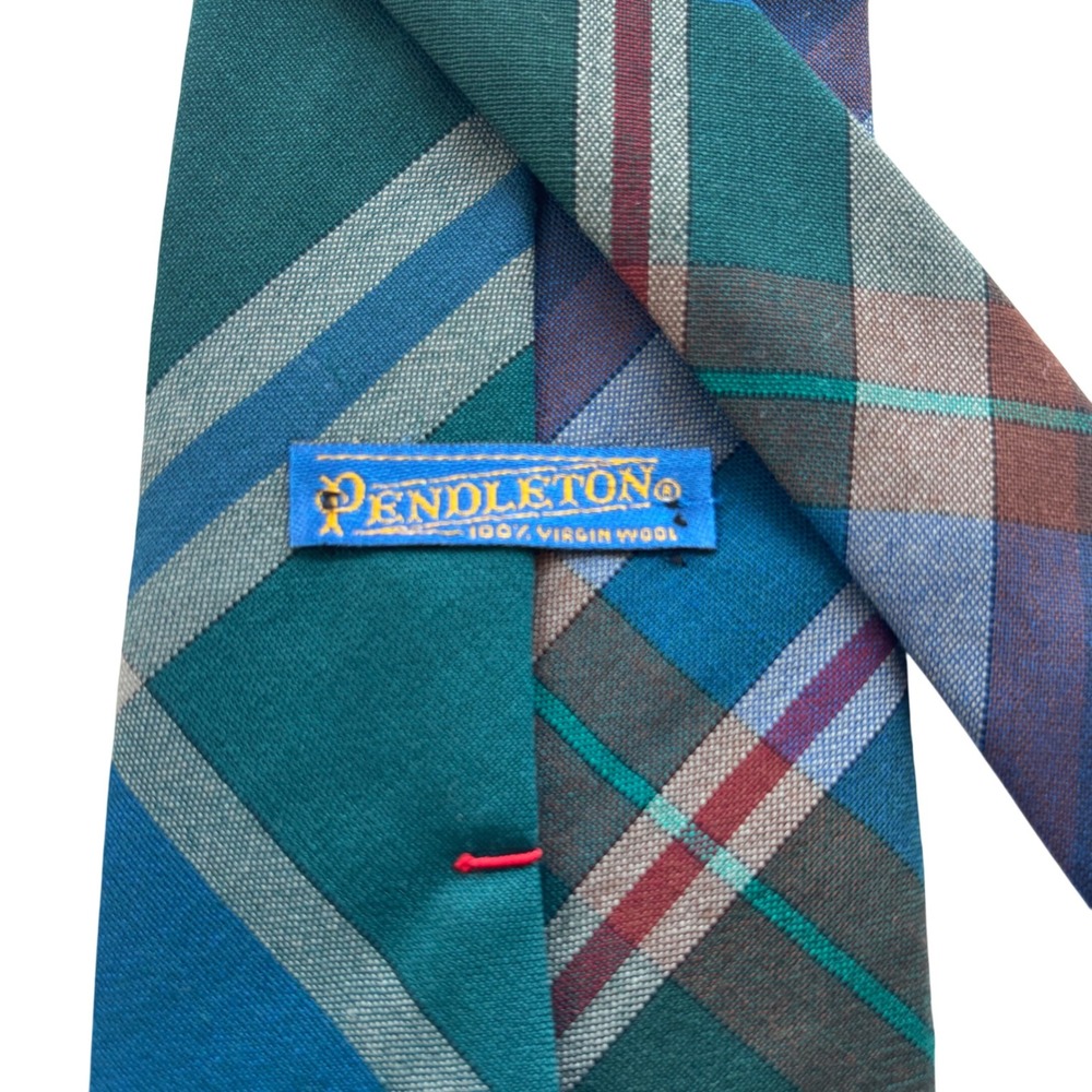 Pendleton 100% Virgin Wool Plaid Tie Green Blue Burgundy Classic Mens 55"+ USA